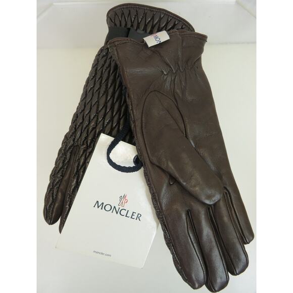 NEW $745 MONCLER QUILTED LEATHER WOOL LINING BROWN WINTER WOMEN GLOVES M ITALY - Picture 6 of 12